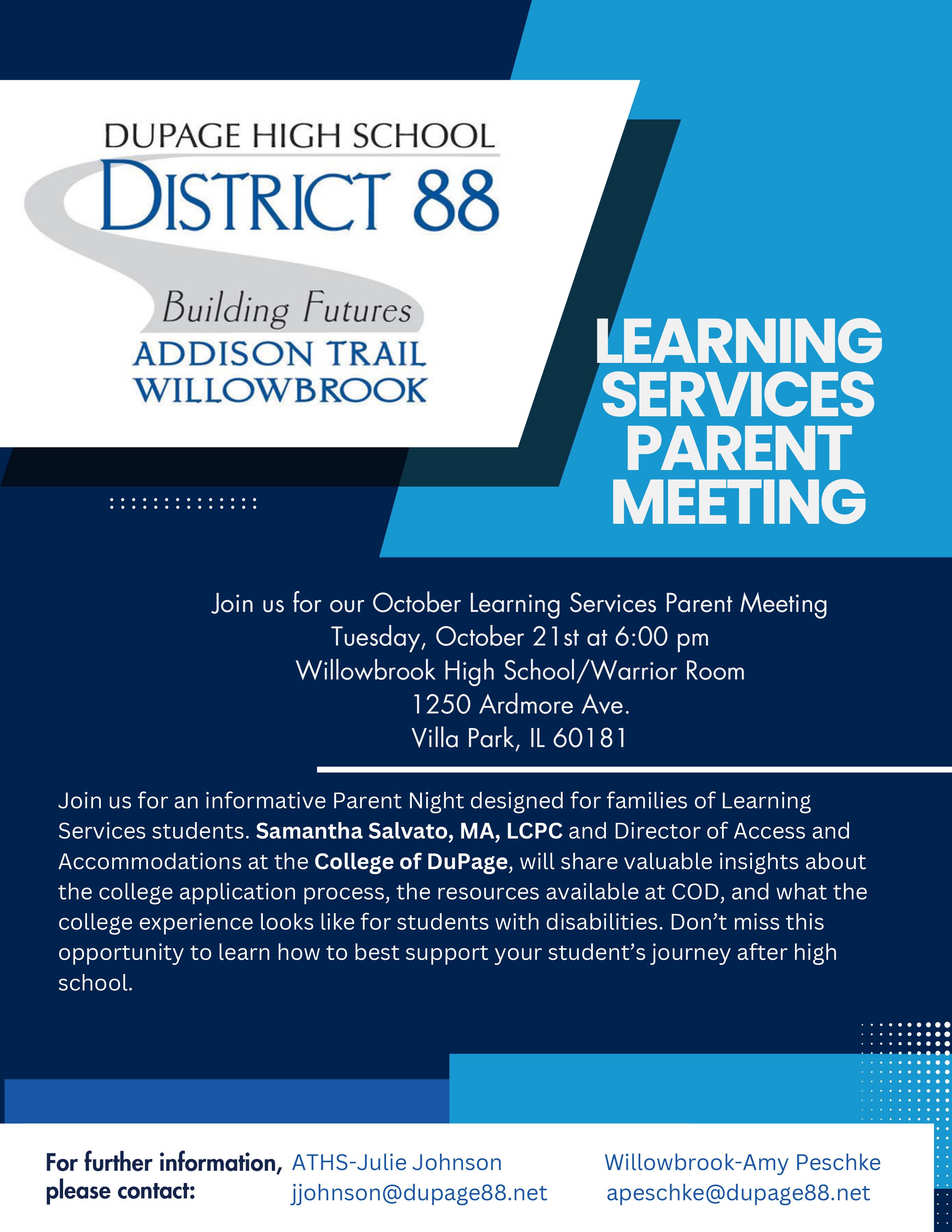 District 88 to host Learning Services Parent Meeting