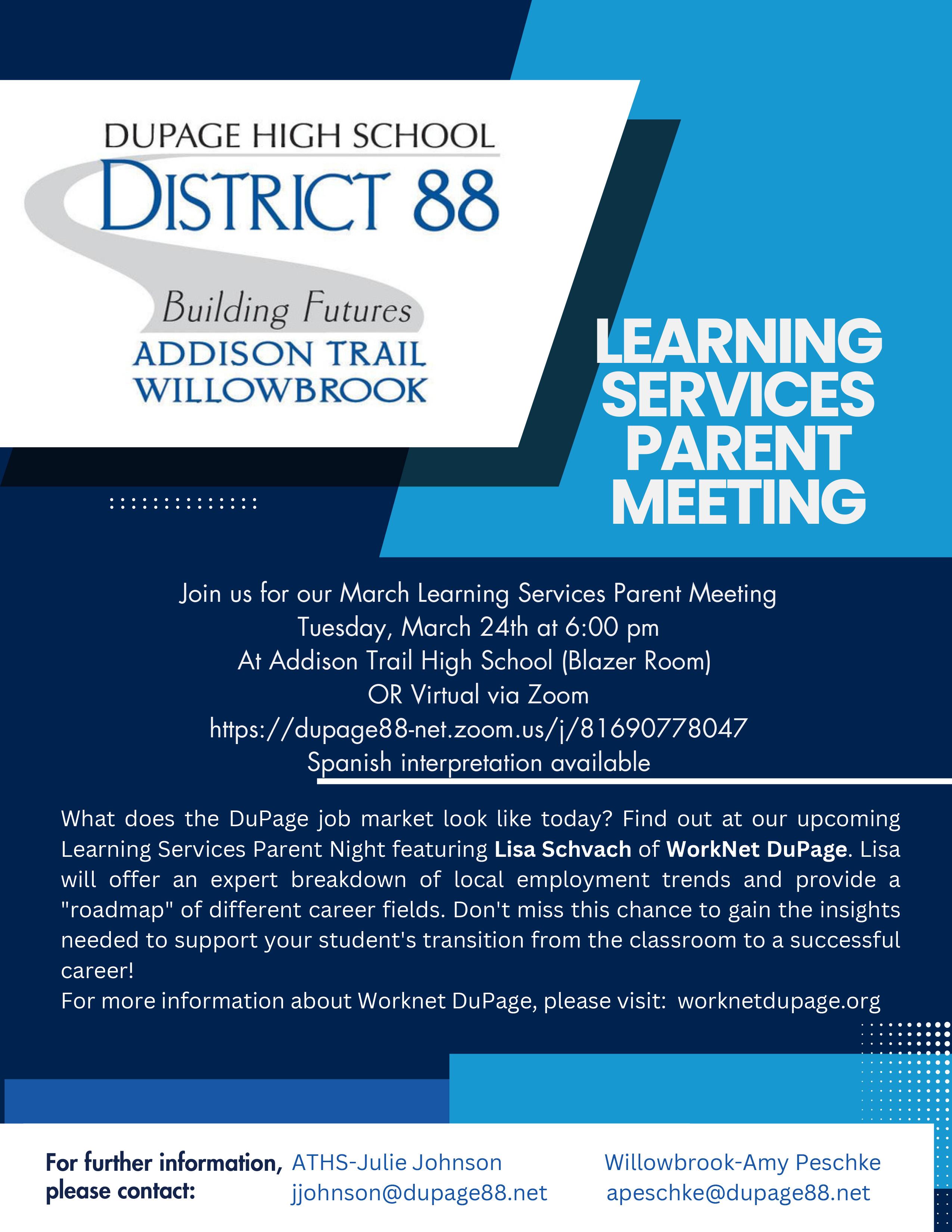 District 88 to host Learning Services Parent Meeting