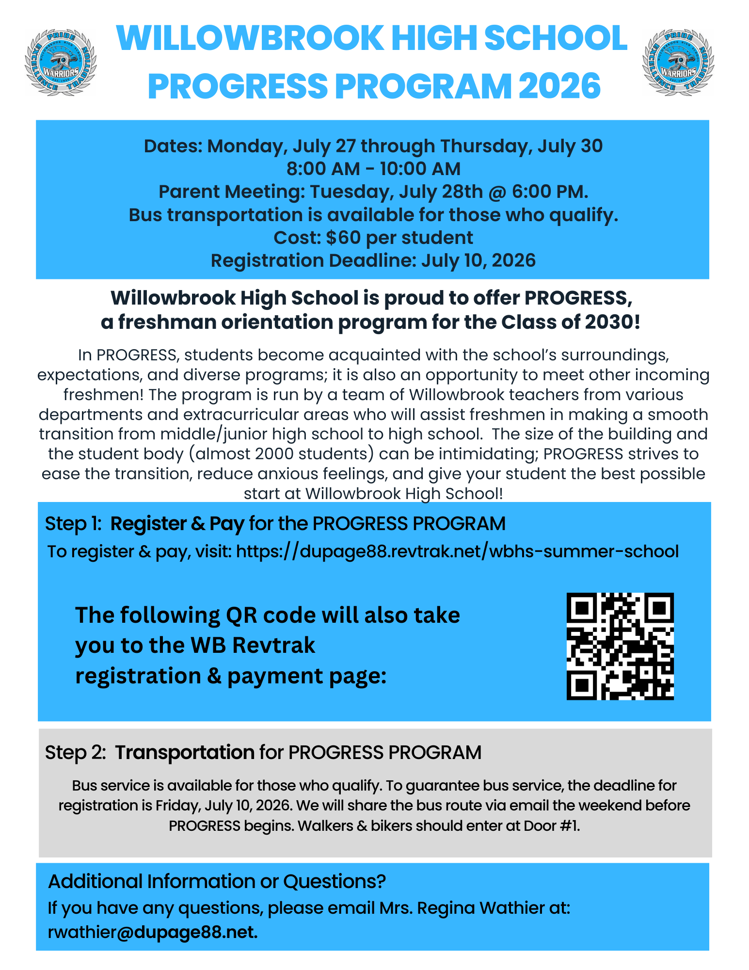 Incoming Willowbrook freshmen invited to participate in PROGRESS/freshmen orientation program