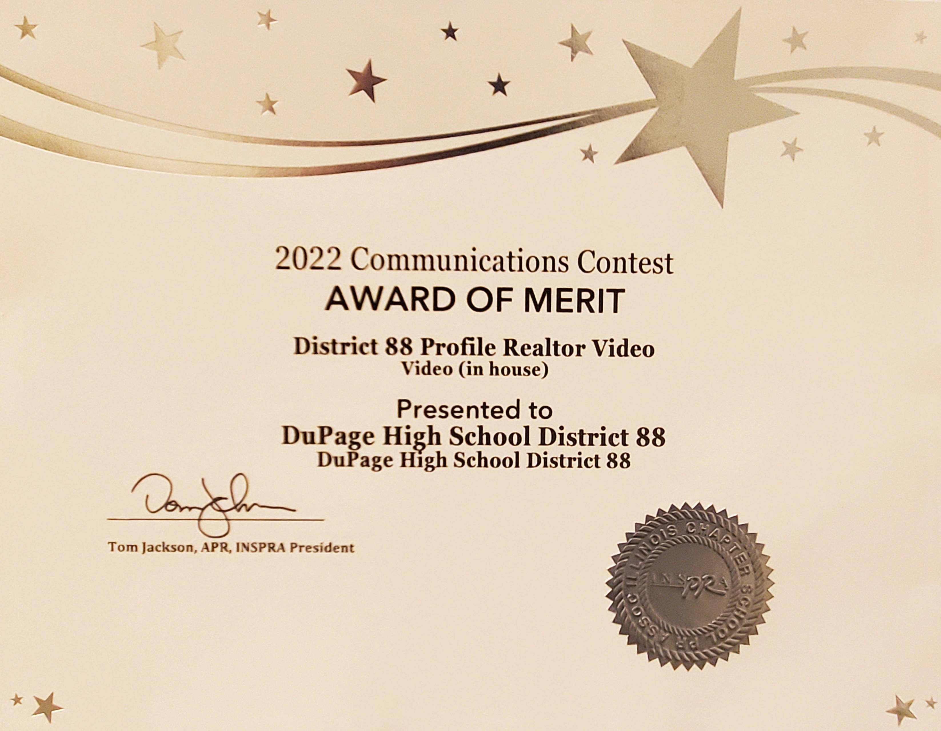 District 88 earns state-level INSPRA Communications Contest award