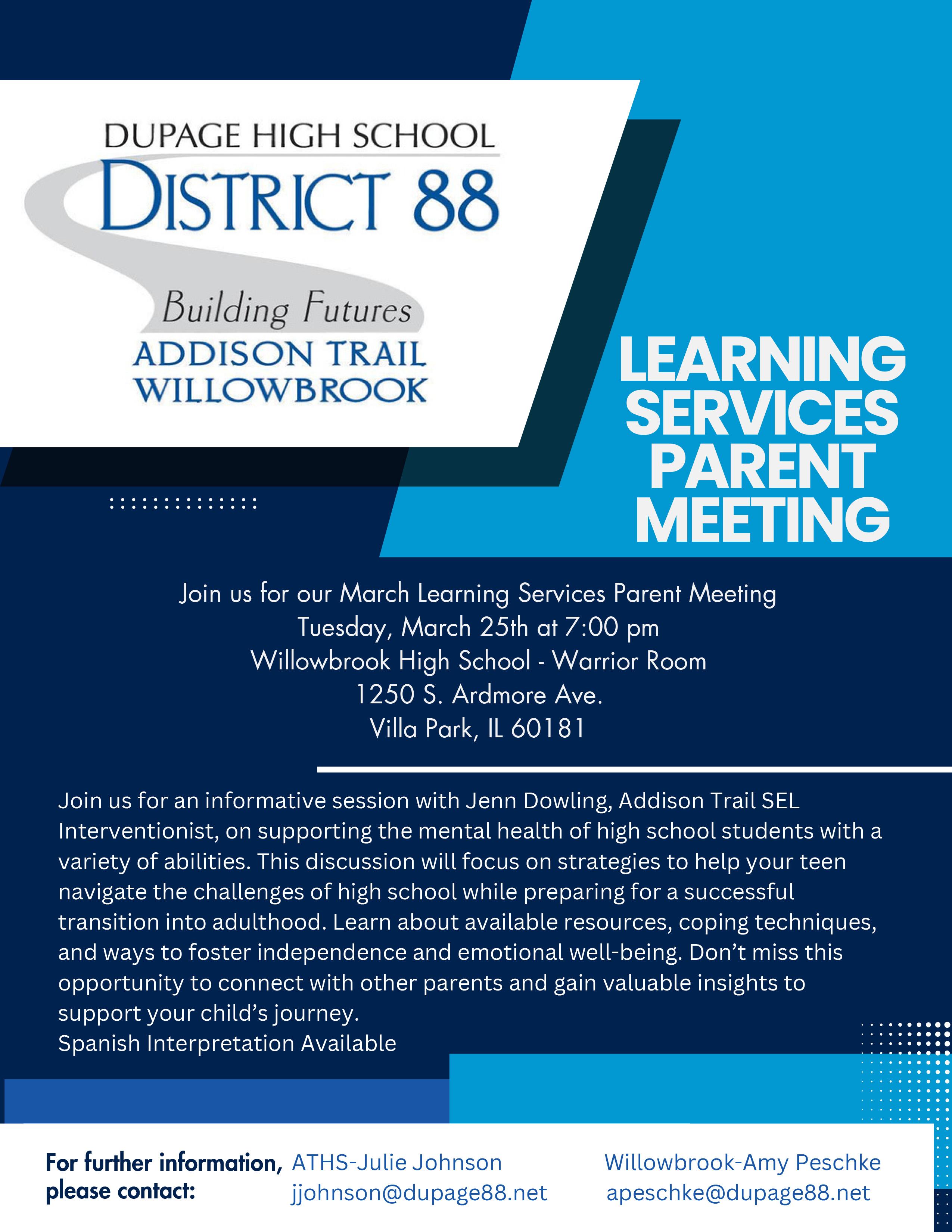 District 88 to host Learning Services Parent Meeting