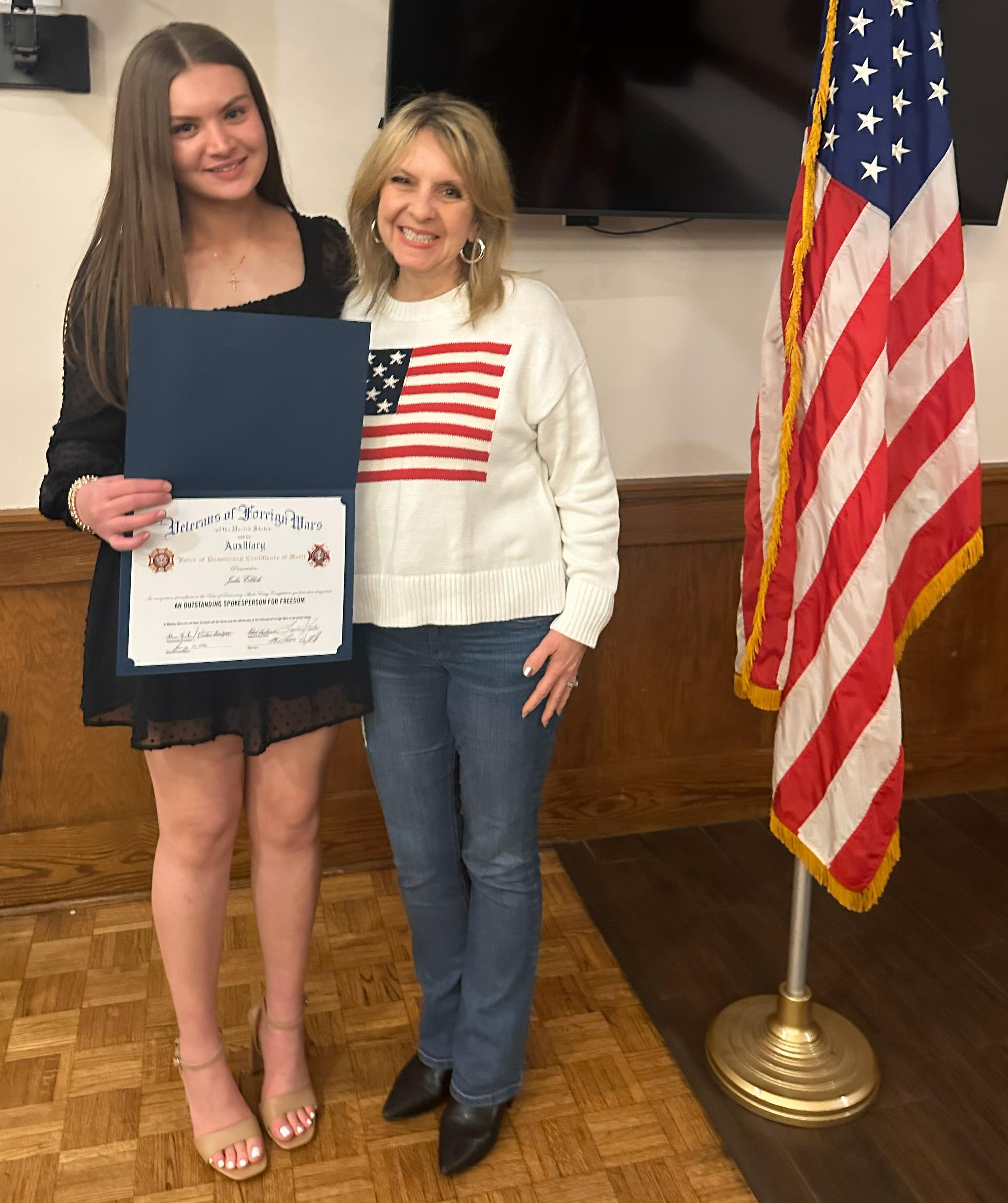Addison Trail senior honored with Certificate of Merit by local VFW for participation in Voice of Democracy program
