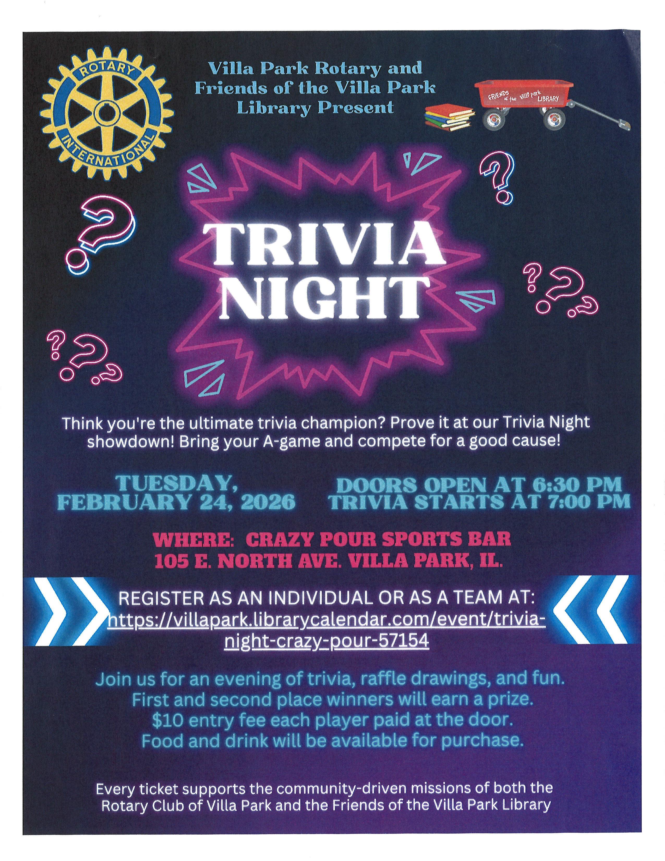 Villa Park Rotary and Friends of the Villa Park Library invite you to attend a Trivia Night showdown