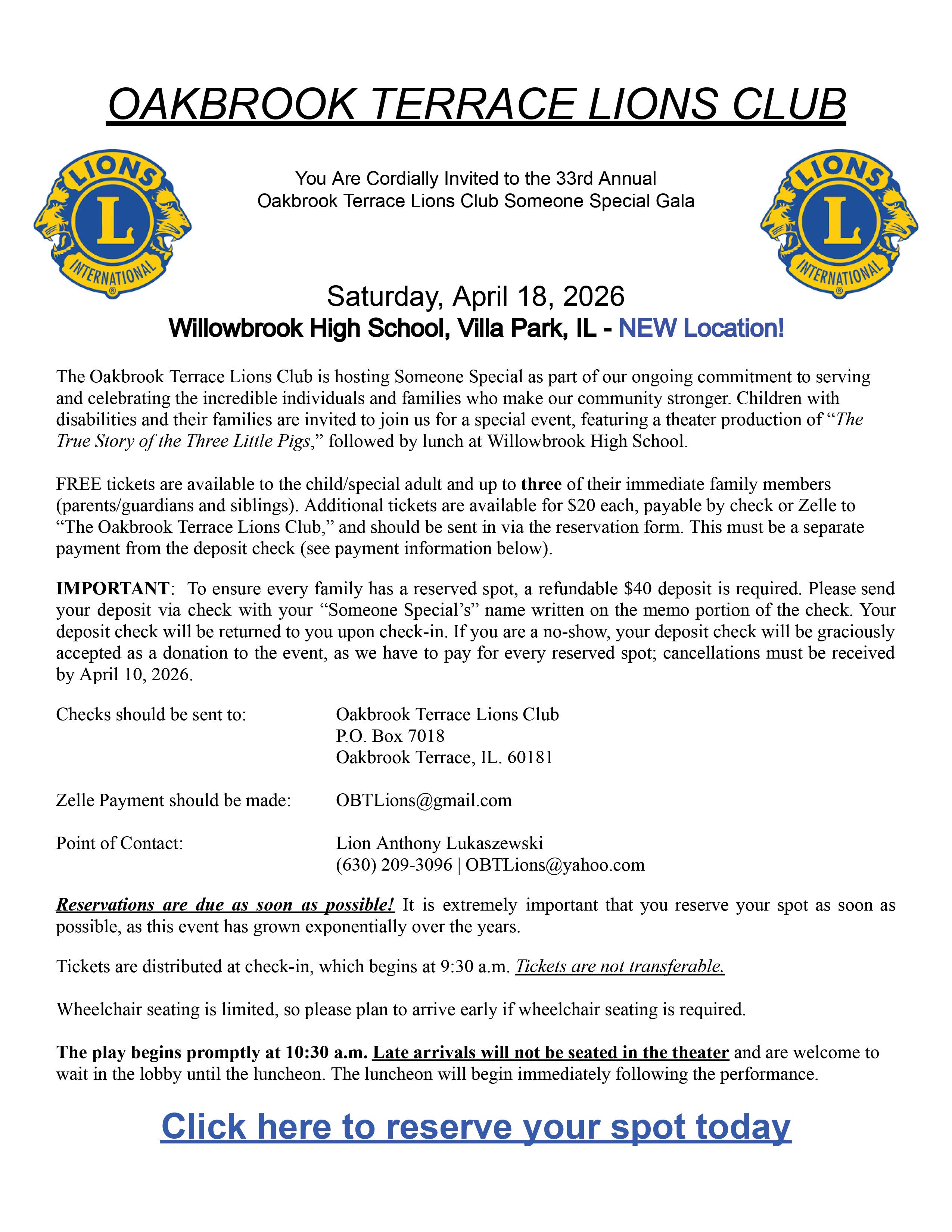 Oakbrook Terrace Lions Club to host annual Someone Special event