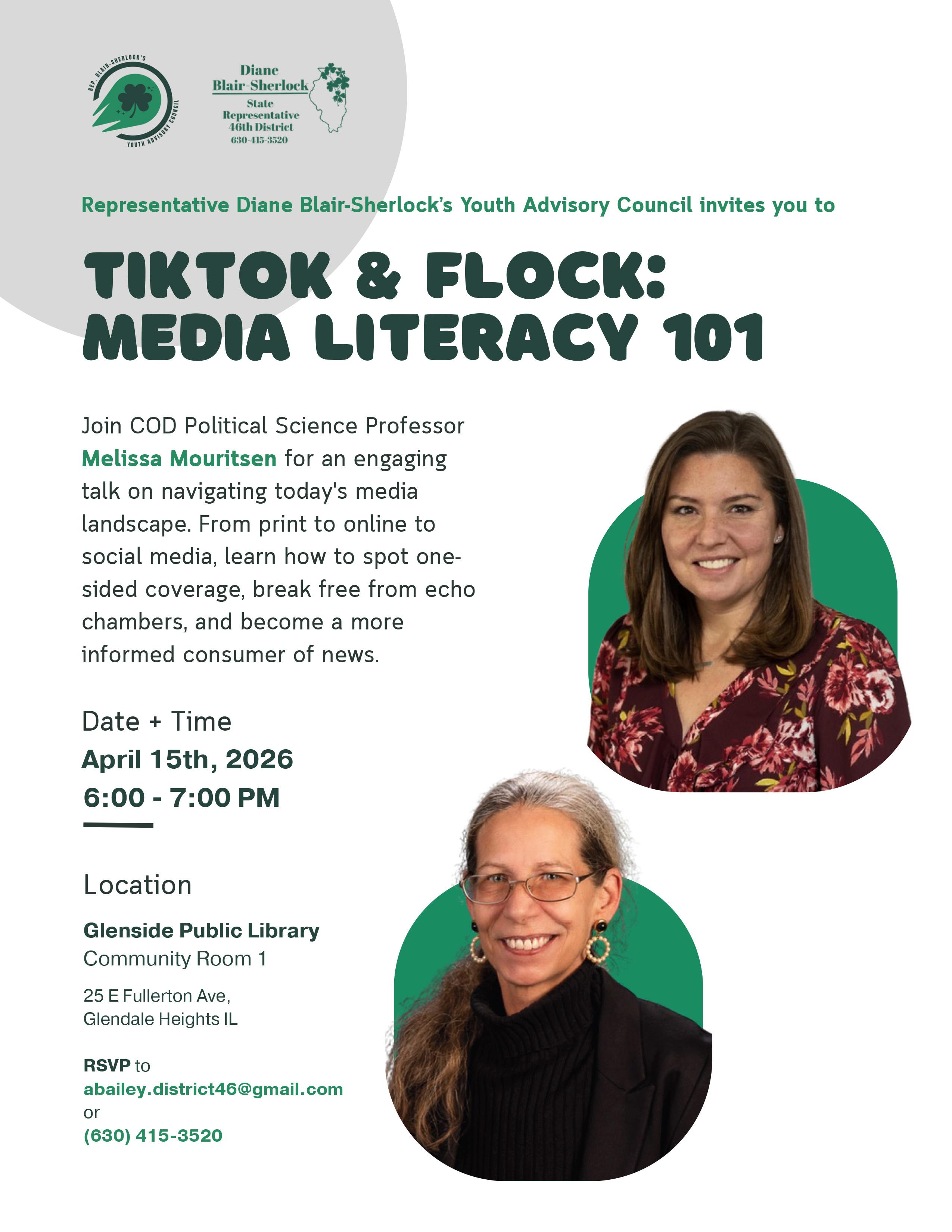 State Rep. Diane Blair-Sherlock’s Youth Advisory Council invites you to attend 'TikTok & Flock: Media Literacy 101'