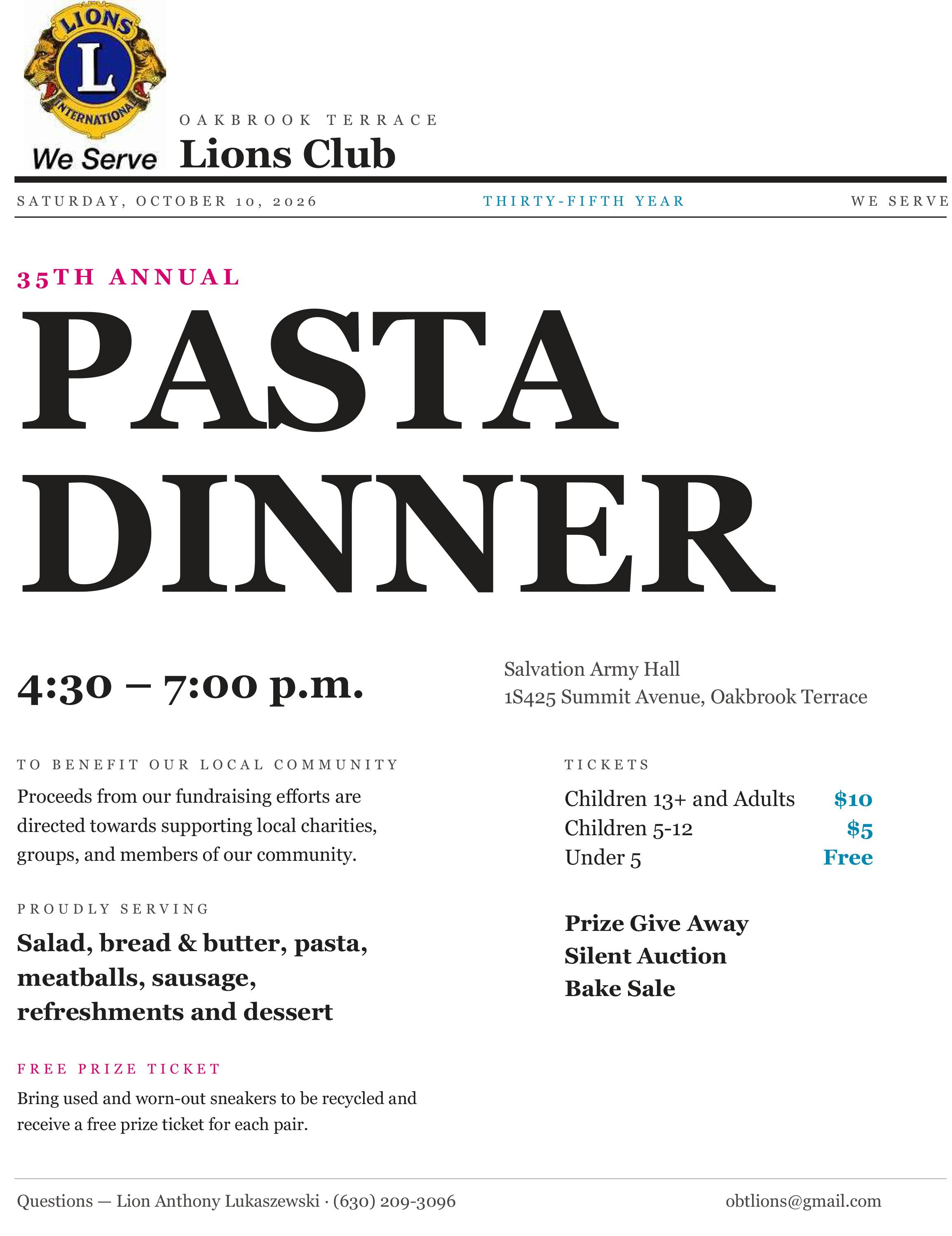 You're invited to attend the Oakbrook Terrace Lions Club's 35th annual Pasta Dinner